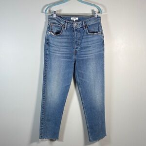 Re/Done Women's High Waisted Straight Leg Cut Distressed Blue Jeans